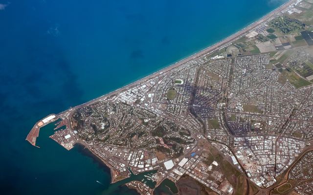 Aerial view of Napier, Bluff Hill and the port along the Hawke's Bay coastline.