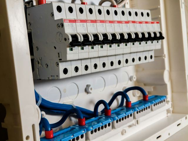 A row of white circuit breakers with black switches in an open switchboard, with blue neutral cables below.